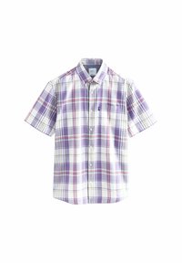 Kurzarmhemd mit einem lila, weißen und mehrfarbigen Karomuster. Verfügt über einen Button-Down-Kragen und eine einzelne Brusttasche.
