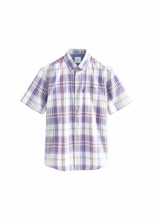 Kortærmet skjorte med knapper, med tern i lilla, hvid, rød og gul og en brystlomme på en hvid baggrund.