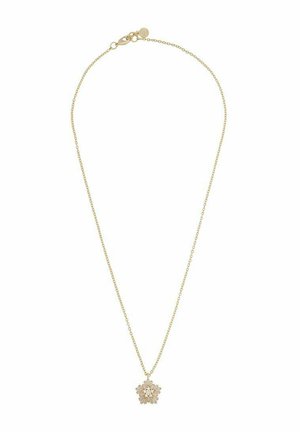 Sofisticerad guld kedjehalsband med en liten, detaljerad blomma-forms hänge som pryds av klara ädelstenar.