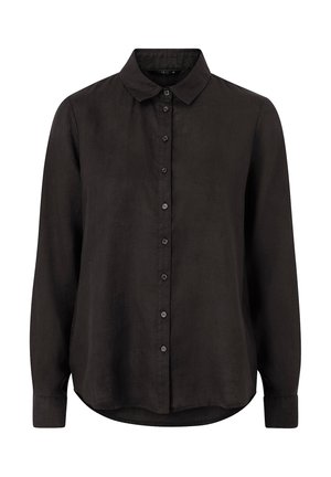 Camisa negra de manga larga con botones, cuello y puños, mostrada sobre un fondo blanco liso.