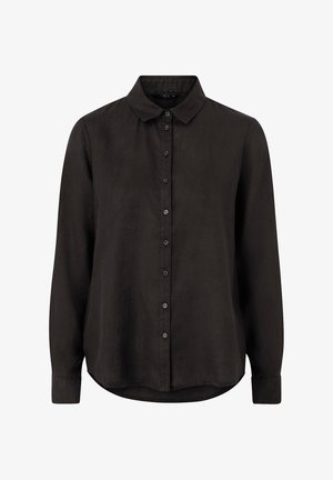 Camisa negra de manga larga con botones, cuello y puños, mostrada sobre un fondo blanco liso.