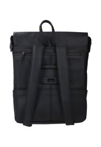 Black leather backpack with a fold-over top, adjustable straps, front zip pocket, and contrasting stitching detail. Features a top handle.