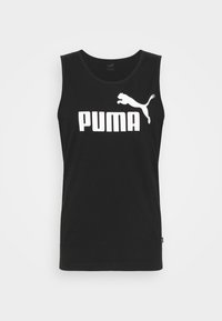 Débardeur noir sans manches en coton, arborant le logo blanc audacieux "PUMA" et un puma bondissant sur le devant. Encolure ronde.