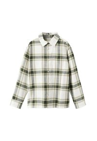 Witte en groene geruite blouse met lange mouwen, knoopsluiting, kraag en een borstzak. Katoenen stof met een zachte textuur.