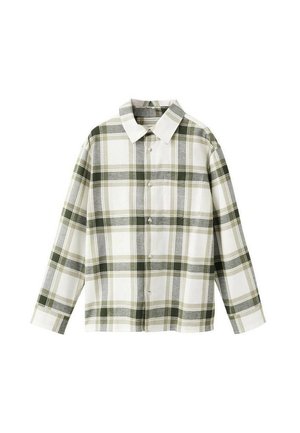 Chemise à carreaux blanche et verte à manches longues, avec fermeture à boutons, col et poche avant. Tissu en coton avec une texture lisse.