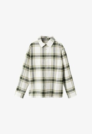 Witte en groene geruite blouse met lange mouwen, knoopsluiting, kraag en een borstzak. Katoenen stof met een zachte textuur.