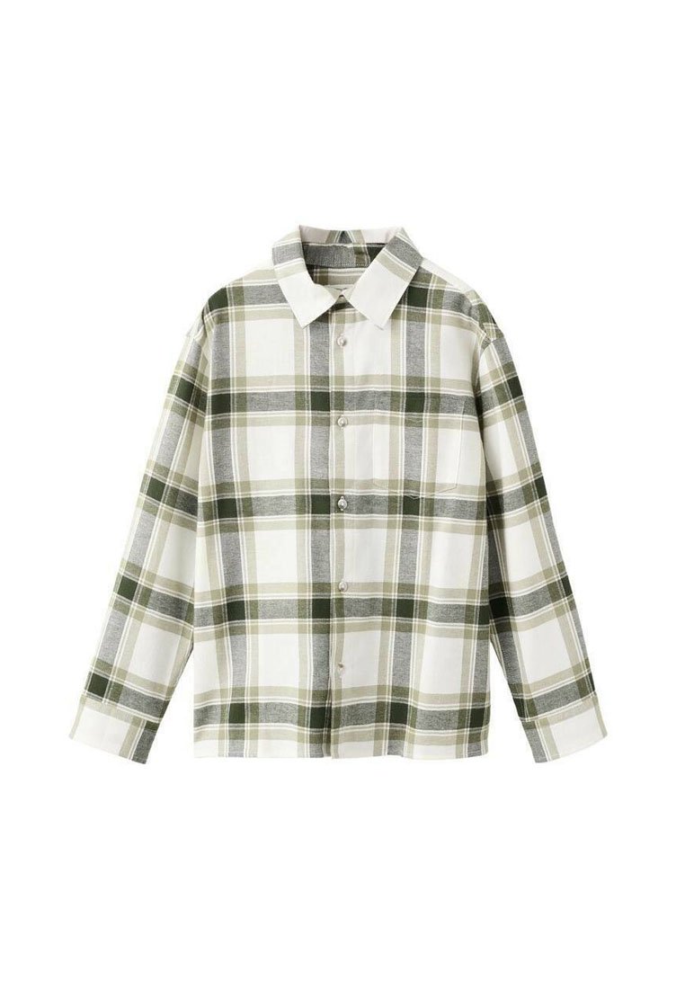 Witte en groene geruite blouse met lange mouwen, knoopsluiting, kraag en een borstzak. Katoenen stof met een zachte textuur.