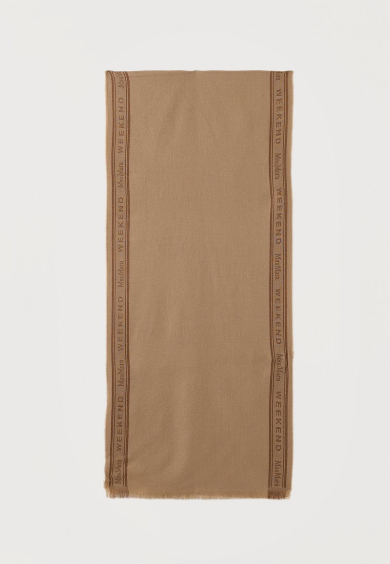 Écharpe rectangulaire marron clair avec bords frangés, présentant des bordures latérales marron foncé avec le texte répétitif "WEEKEND MaxMara".