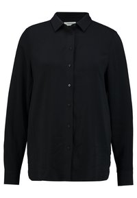 Camicia nera a maniche lunghe con colletto, abbottonata davanti, realizzata in tessuto leggero, con una superficie liscia e una vestibilità comoda.