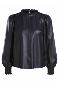 Svart konstläderblus med hög volangkrage, puffärmar och smockade ärmslut. Slät textur och skräddarsydd passform.