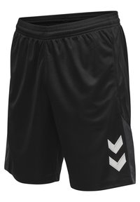 Svarta atletiska shorts i slätt material, med resårmidja och vita chevron-accenter på den nedre sidan.