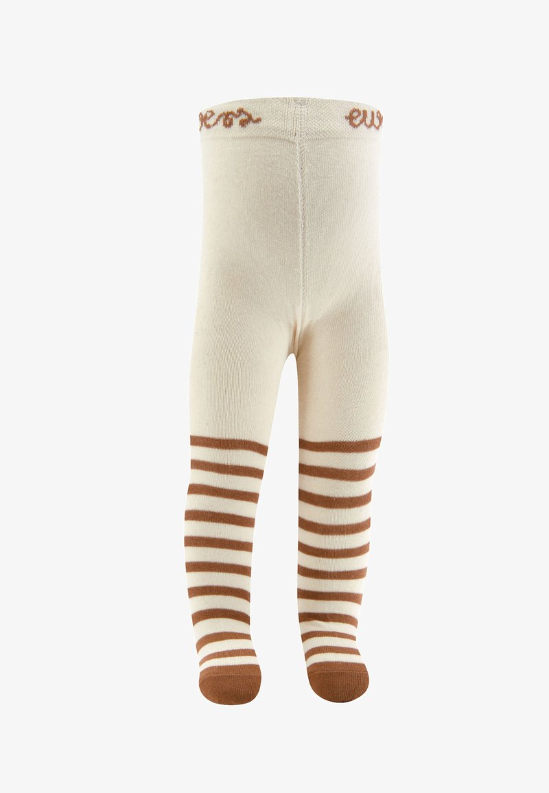 Kolano-długie kremowe rajstopy w poziome brązowe paski. Miękka dzianina, z prążkowanym pasem w talii i subtelnym tekstem na górze.