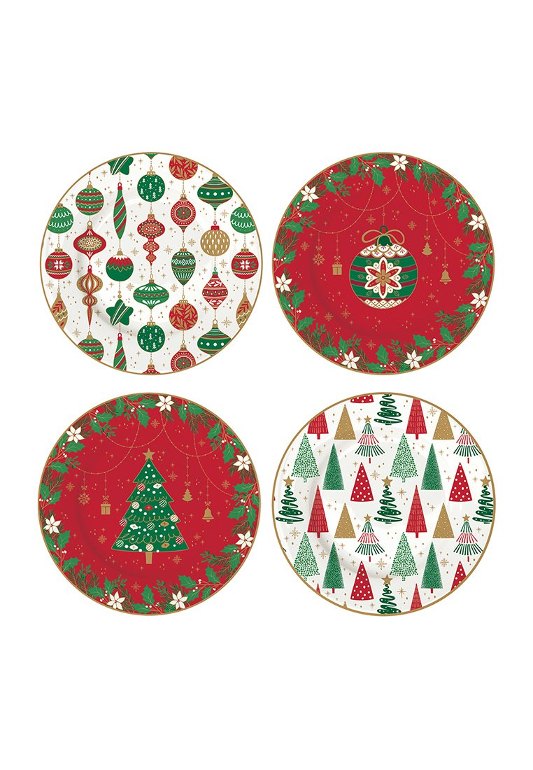 Quattro piatti rotondi a tema natalizio con colori vivaci: rosso, verde e bianco. I disegni includono ornamenti, alberi e accenti festivi.