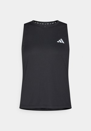 Débardeur de sport noir à texture lisse, avec un logo blanc sur la poitrine et un col rond. Conçu pour les activités physiques.