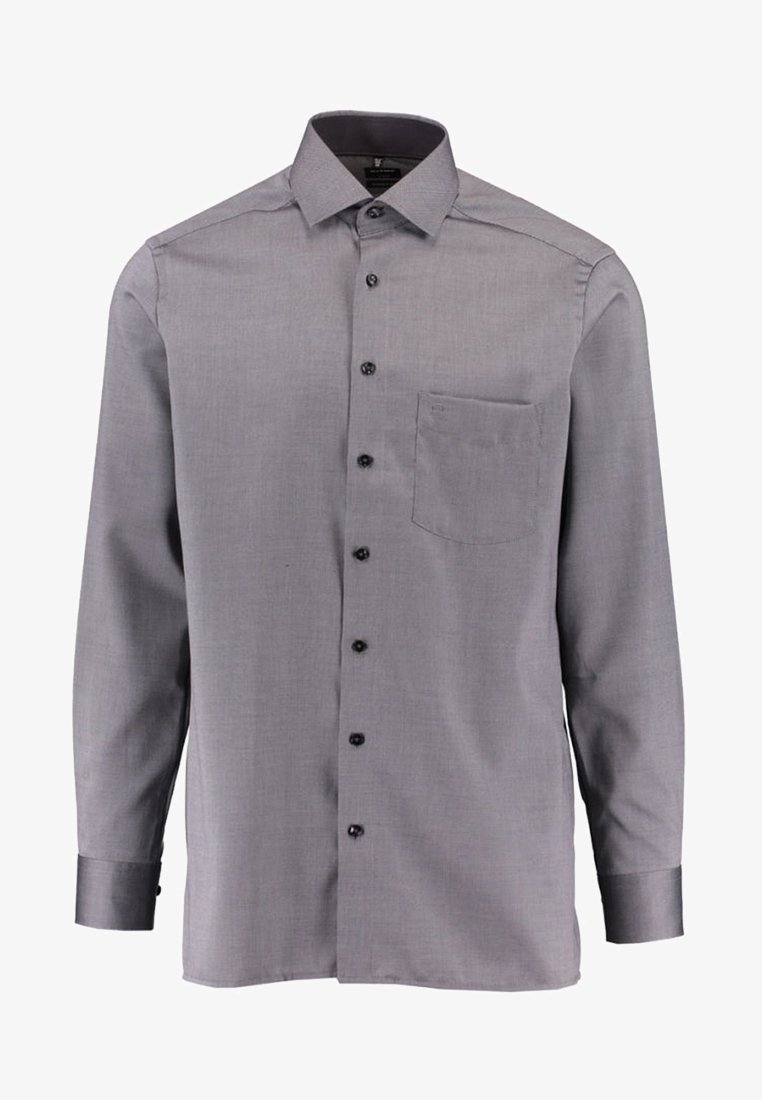 Chemise habillée grise pour homme à manches longues, boutonnée sur le devant, avec une poche poitrine simple et un col pointu.