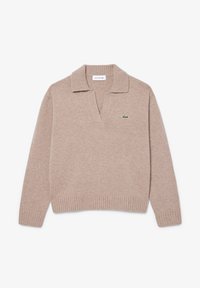 Beiger Wollpullover mit geripptem Kragen und Saum, V-Ausschnitt und kleinem grünen Krokodil-Logo auf der Brust.