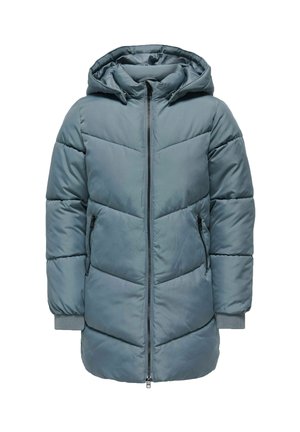 Pehmea sinine paks jakk, millel on kapuuts, esine lukk ja kaks külge taskut, elastsete mansettidega ja diagonaalsete õmblusmustritega.