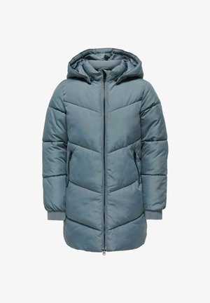 Veste matelassée dans une couleur bleu atténué, dotée d'une capuche, d'une fermeture éclair à l'avant et de deux poches latérales avec des poignets élastiques et des motifs de couture diagonaux.