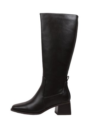 Bota negra de cuero hasta la rodilla con tacón bloque y punta afilada, mostrada de lado sobre un fondo blanco.