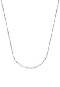 Delikat silverhalsband med små, jämnt fördelade ovala länkar, uppvisad mot en enkel vit bakgrund.