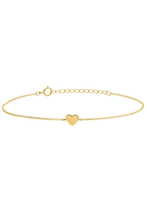 Gold chain bracelet with a small solid heart charm at the center and a round spring clasp with an adjustable chain.
