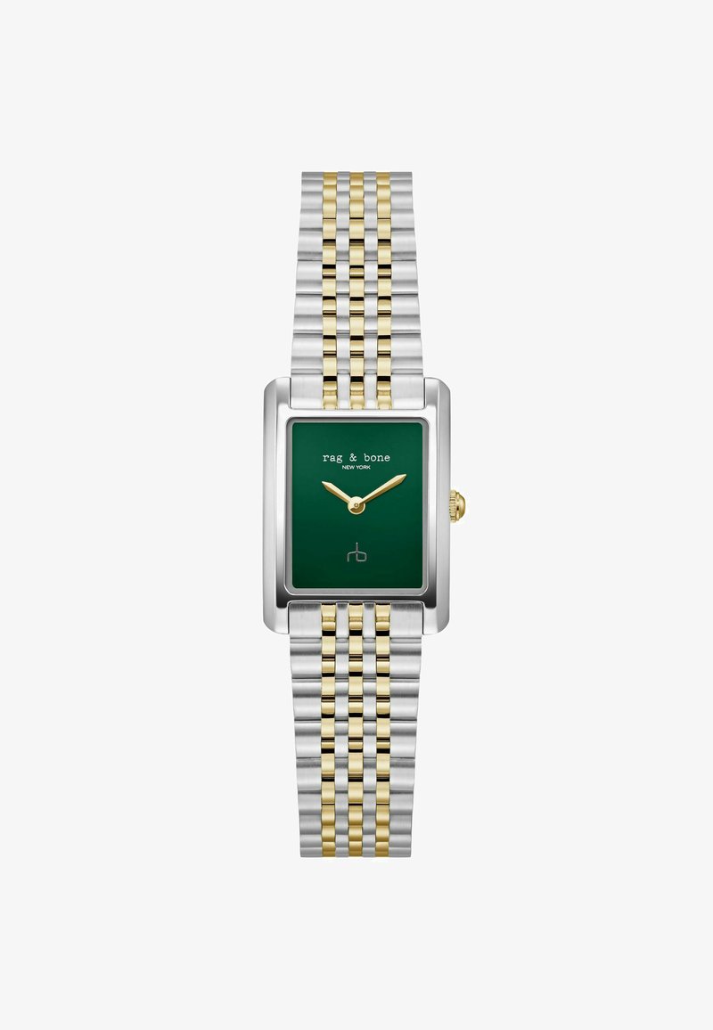 Quadratischer Uhr mit grünem Zifferblatt, goldenen Zeigern und einem Band aus Silber und Gold. Verfügt über ein Logo und ein rechteckiges Gehäuse.