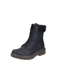 Schwarze Leder-Schnürstiefel mit einem strukturierten schwarzen Fleece-Kragen, dicker Gummisohle und genähten Details entlang der Laufsohle.