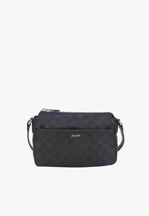 Borsa a tracolla nera con motivo, dotata di chiusura con zip, tasca frontale, tracolla regolabile e logo impresso. Materiale liscio e resistente.