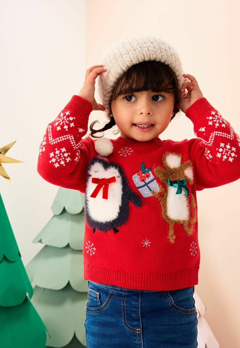 Pull de Noël Rouge avec Rennes et Neige - Pulls de Noel