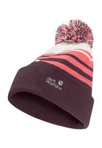 Strickmütze in Creme und Burgunder mit rosa Streifen und einem Pompon oben. Verfügt über ein Logo-Patch am umgeschlagenen Bündchen.