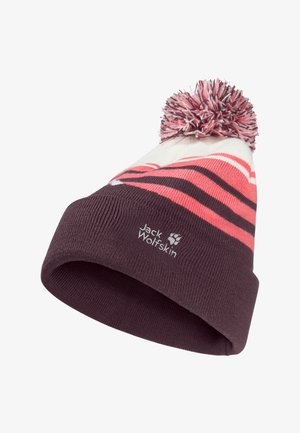 Gebreide beanie in crème en bordeaux met roze strepen en een pompon bovenop. Beschikt over een logopatch op de omgeslagen rand.