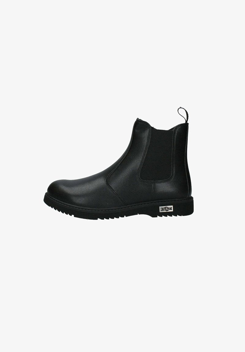 Botte Chelsea en cuir noir avec panneaux latéraux élastiques, languette de tirage au talon, semelle à faible relief et logo de la marque en métal près de la semelle.