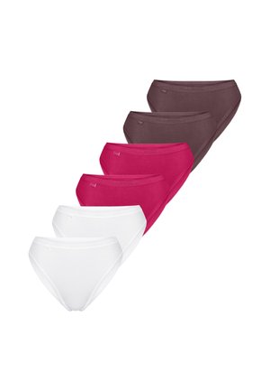 Sæt med seks bikinistyle undertøj til kvinder i brun, magenta og hvid farve stablet på en hvid baggrund.