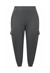 Donkergrijze, lichte broek met een relaxte pasvorm, voorzien van zijzakken, een geplooide taille en elastische boorden. Zachte textuur en een gladde afwerking.