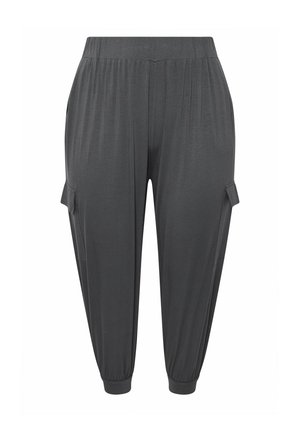 Dark gray, lightweight trousers with a relaxed fit, featuring side pockets, gathered waist, and elastic cuffs. Soft texture and smooth finish.