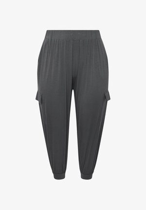 Dark gray, lightweight trousers with a relaxed fit, featuring side pockets, gathered waist, and elastic cuffs. Soft texture and smooth finish.