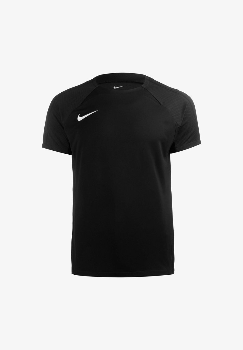 T-shirt sportivo nero Nike, maniche corte, design con collo rotondo, con una leggera texture e un logo bianco sul lato sinistro del petto.