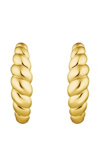 Goldene gedrehte Creolenohrringe mit einer glatten, glänzenden Oberfläche. Jede Creole hat ein spiralförmiges Design, das ihr strukturiertes Erscheinungsbild verstärkt.