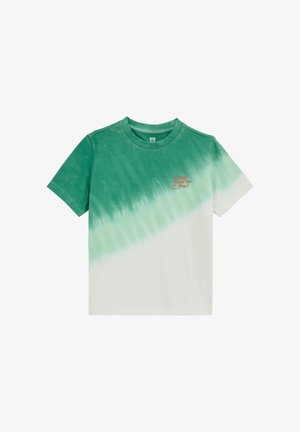 Maglietta a maniche corte con sfumatura verde e bianca e testo rosso "Long Time No Sea!" sul petto in alto a sinistra.