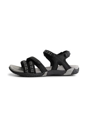 Black and gray open-toe sandal with adjustable straps and textured sole designed for comfort and outdoor use.