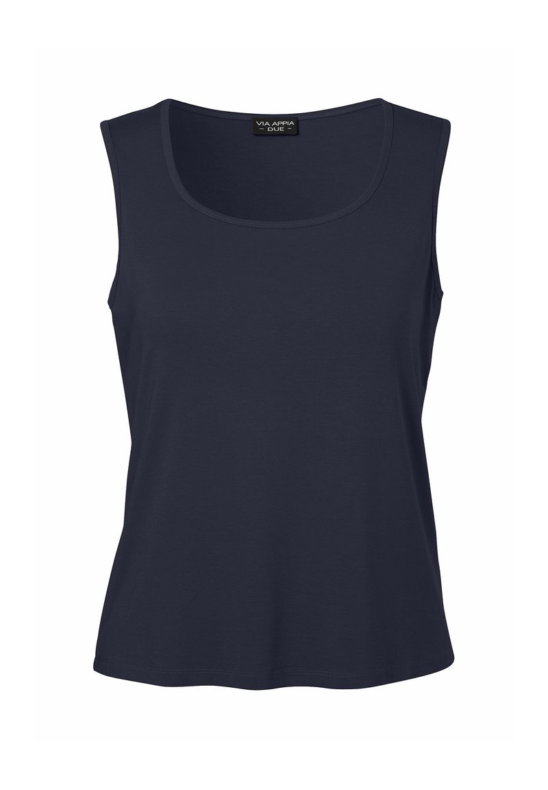 Marineblaue ärmellose Bluse aus weichem Stoff mit rundem Halsausschnitt und lockerer Passform, ohne sichtbare Akzente oder Muster.