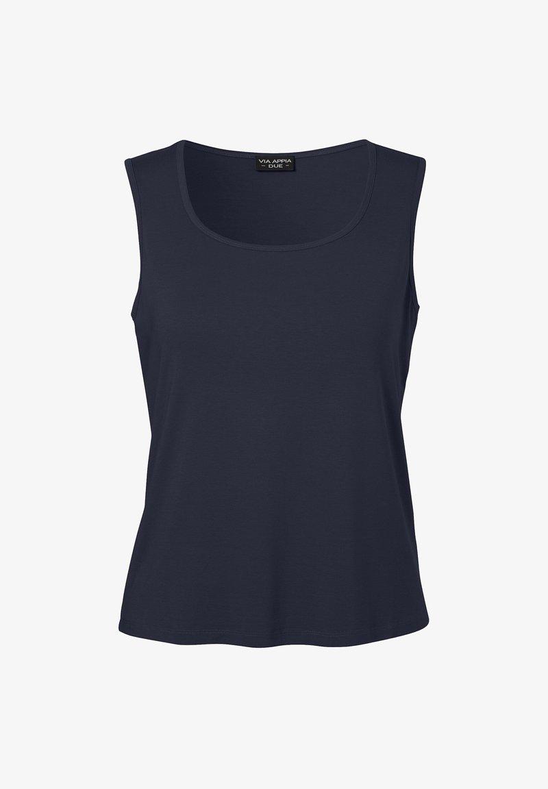 Marineblaue ärmellose Bluse aus weichem Stoff mit rundem Halsausschnitt und lockerer Passform, ohne sichtbare Akzente oder Muster.