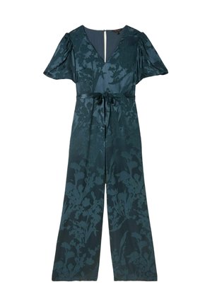 Teal satin jumpsuit with short puff sleeves, deep V-neck, self-tie belt at the waist, and floral texture pattern throughout. Zipper back closure.