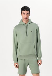 Lichtgroene hoodie met een voorzak en een capuchon met trekkoord, gecombineerd met bijpassende shorts. Gemaakt van zacht, gestructureerd materiaal en voorzien van een logo-accent.