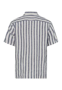 Short-sleeve shirt with a back view, featuring vertical navy and beige stripes, made of lightweight fabric with a relaxed fit and a classic collar.