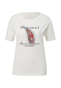 Chemise blanche à manches courtes avec un graphique coloré d'une feuille et le mot "découvrir" avec une phrase en script en dessous. Texture en coton douce.