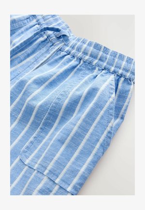 Tessuto a righe blu e bianche con fascia elastica in vita e tasca laterale, realizzato in materiale leggero e testurizzato.