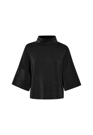 Top nero con collo alto e maniche a tre quarti ampie. Tessuto liscio con vestibilità ampia e senza motivi o decorazioni visibili.