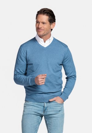 Man met lichtblauwe V-hals trui over een wit overhemd met kraag en lichtblauwe spijkerbroek, poserend met één hand in zijn zak tegen een effen achtergrond.