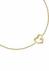 Goldkette mit einem herzförmigen Anhänger, der mit einem kleinen Diamanten verziert ist. Die Kette hat ein verflochtenes Glieddesign.